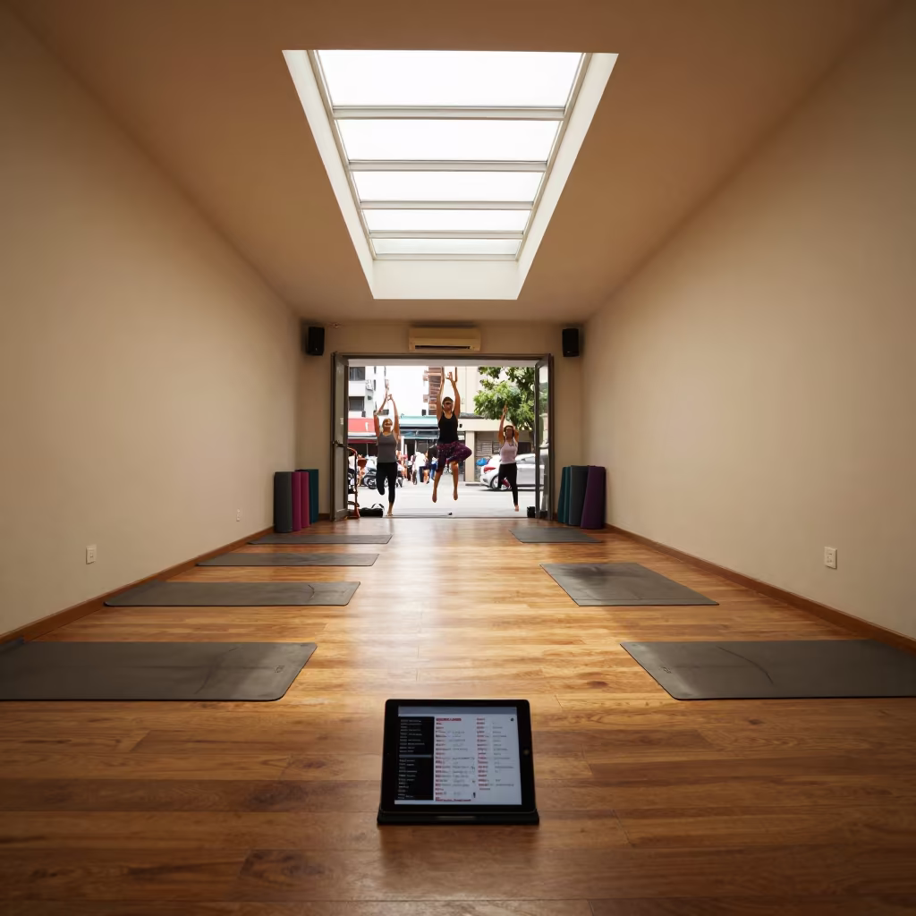 Yoga Class Sign-Up Tablet Stand Midday Caracas Studio in inside a yoga studio before the session begins in Caracas