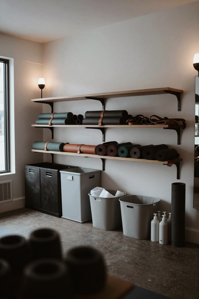 Yoga Lobby Shelf with Straps and Bottles in inside a yoga studio before the session begins in San Francisco