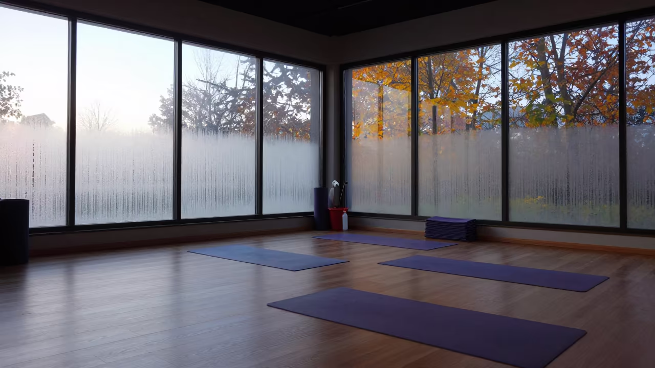 Yoga Mat Spray Bottle Near Aydın at Dawn in inside a yoga studio before the session begins near Aydın