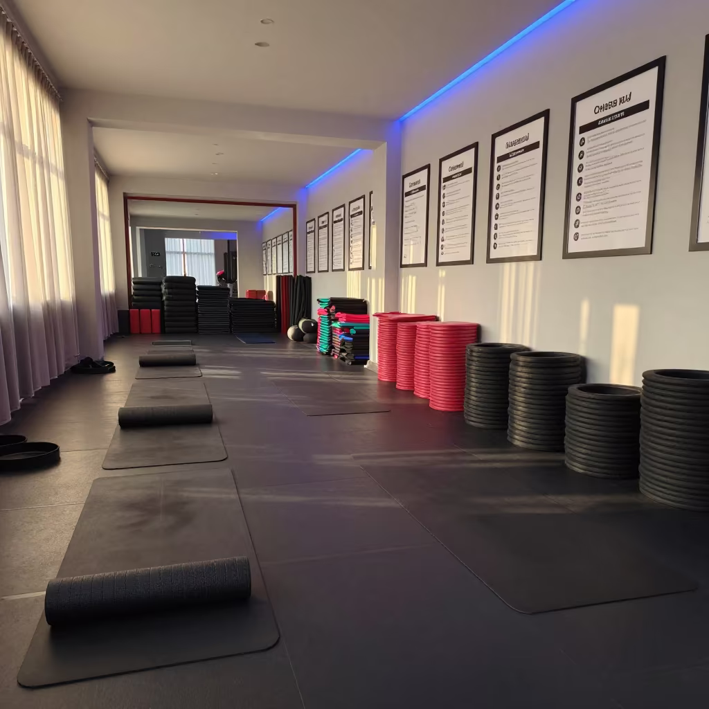 Yoga Mats and Bands in Morning Fitness Hallway in inside a recovery lounge beside foam rollers in Mira-Bhayandar