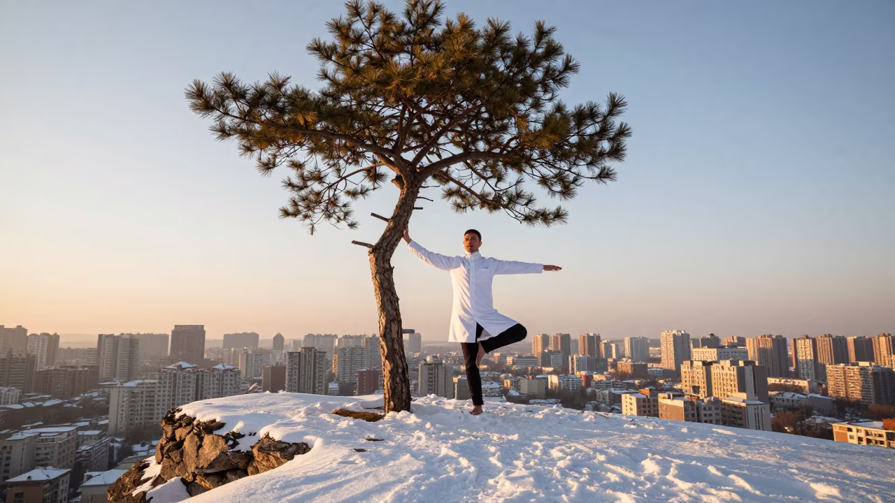 Yoga Practitioner on Almaty Cliff in Winter in in Almaty