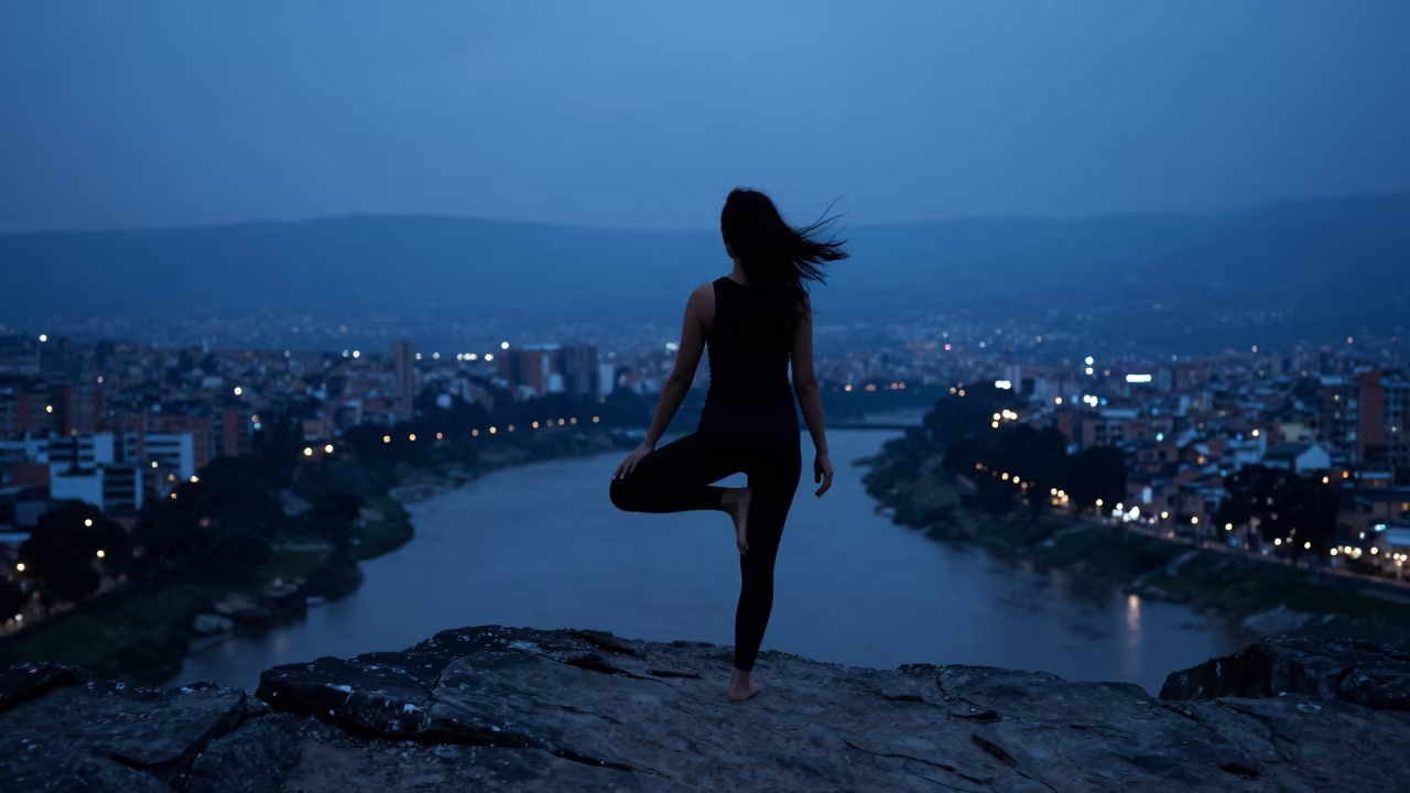 Silhouette Yoga Practitioner on Bogotá Cliff at Blue Hour in near a riverside landing in Bogotá