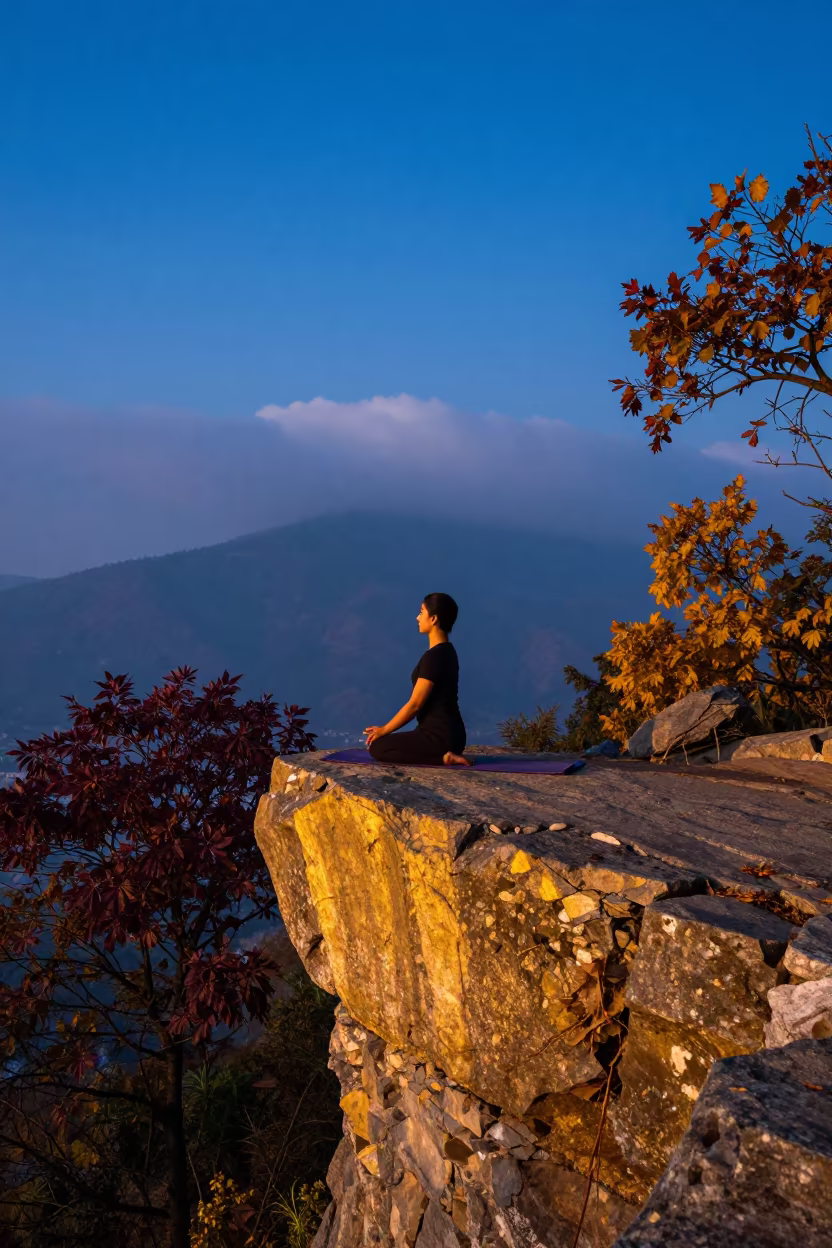 Yoga Practitioner on Kathmandu Cliff at Twilight in in Kathmandu
