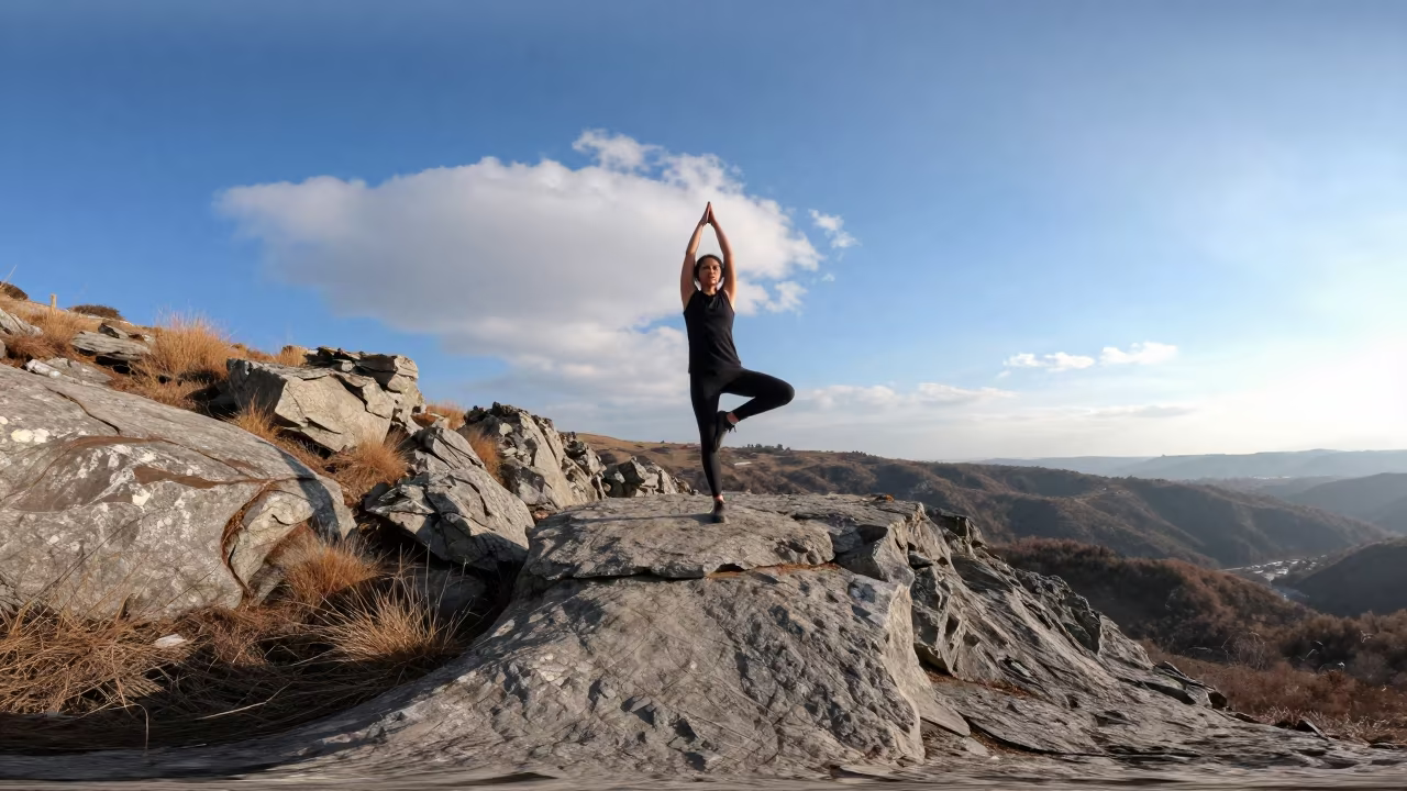 Yoga Practitioner Tree Pose Almaty Cliff Winter in in Almaty