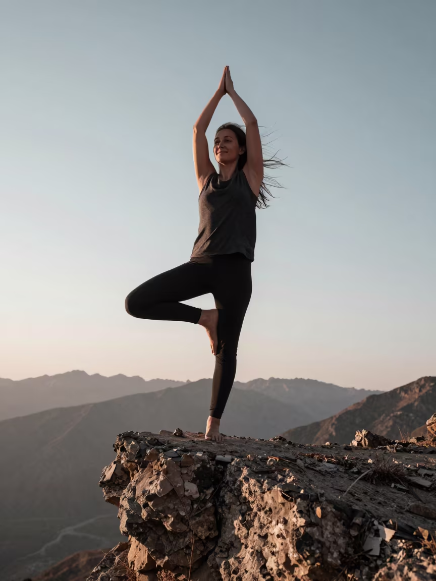 Yoga Practitioner Tree Pose at Bishkek Cliff Dawn in in Bishkek
