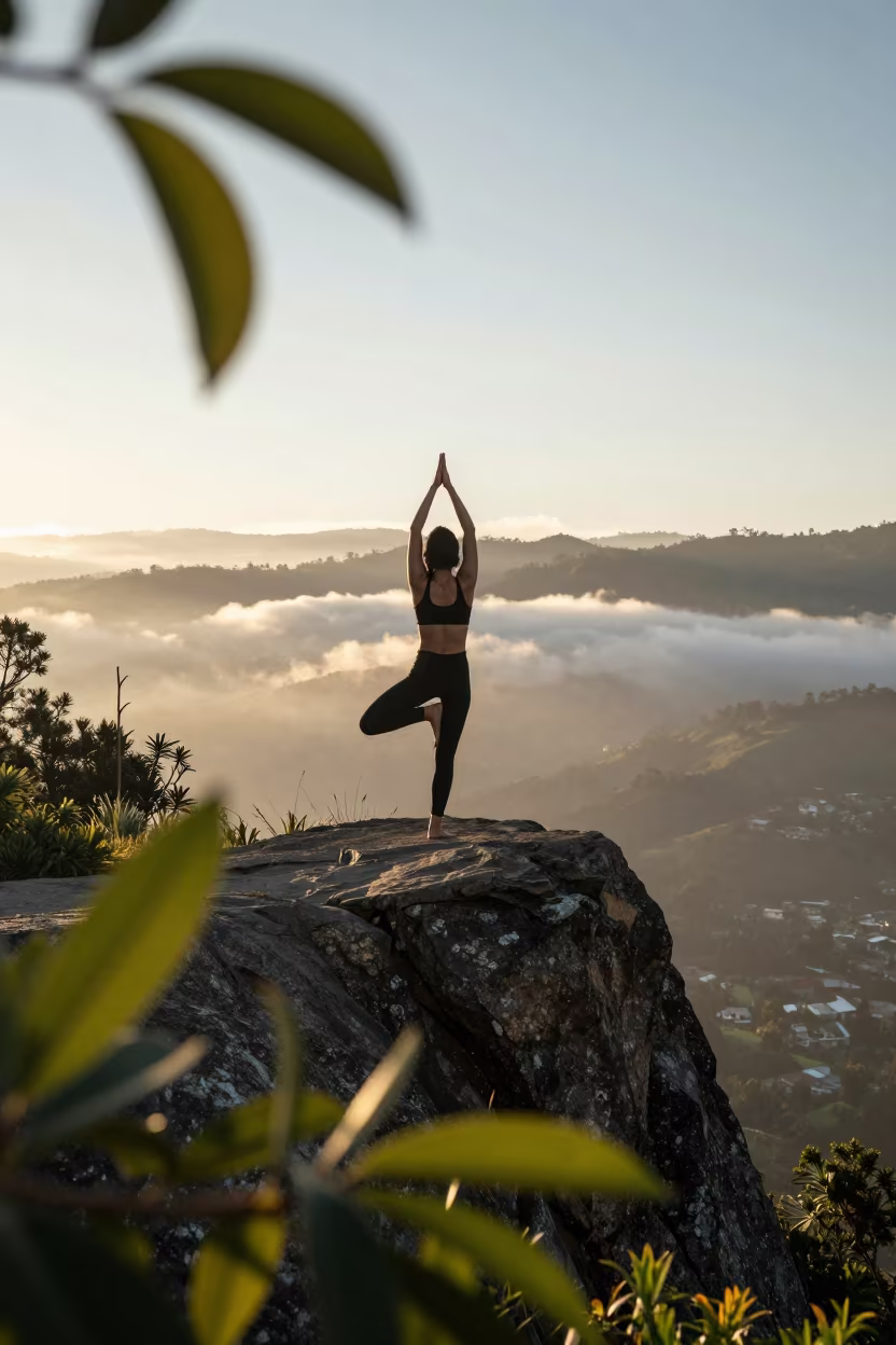 Yoga Practitioner Tree Pose Cliff Edge Quito Sunrise in in Quito