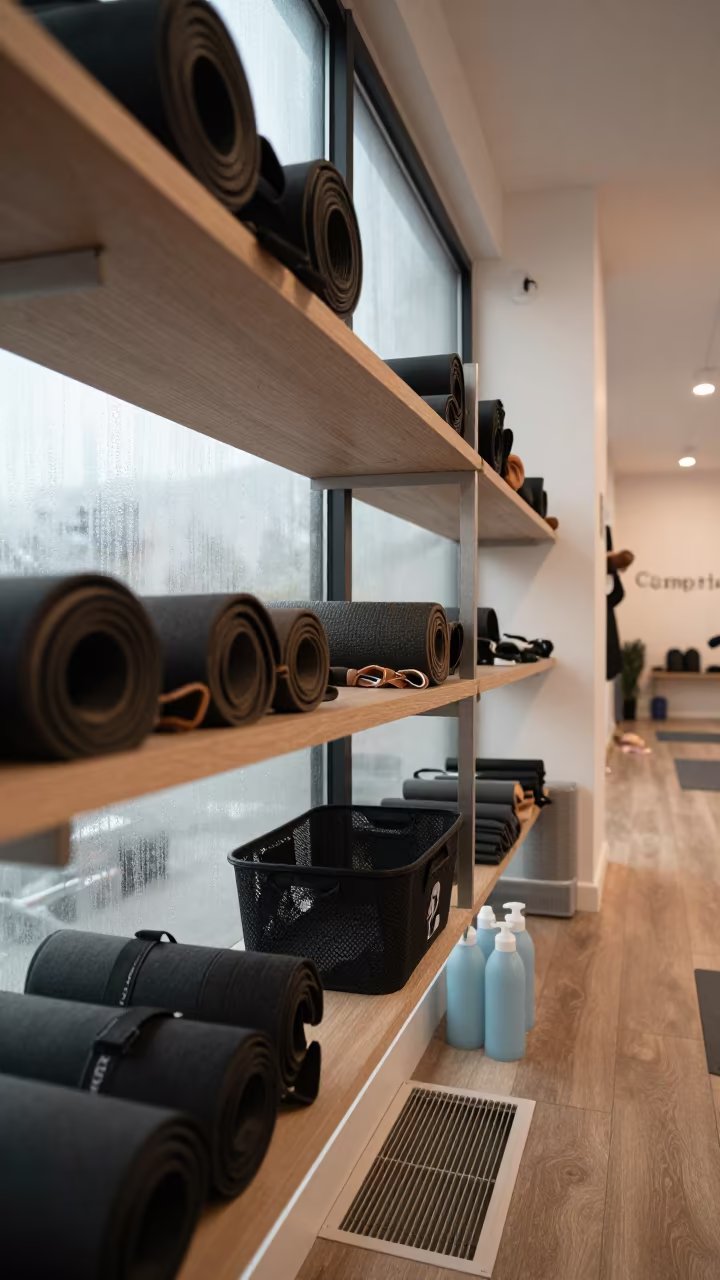 Yoga Straps Bottles on Shelf Near Heater in inside a climbing gym warmup zone near Campinas