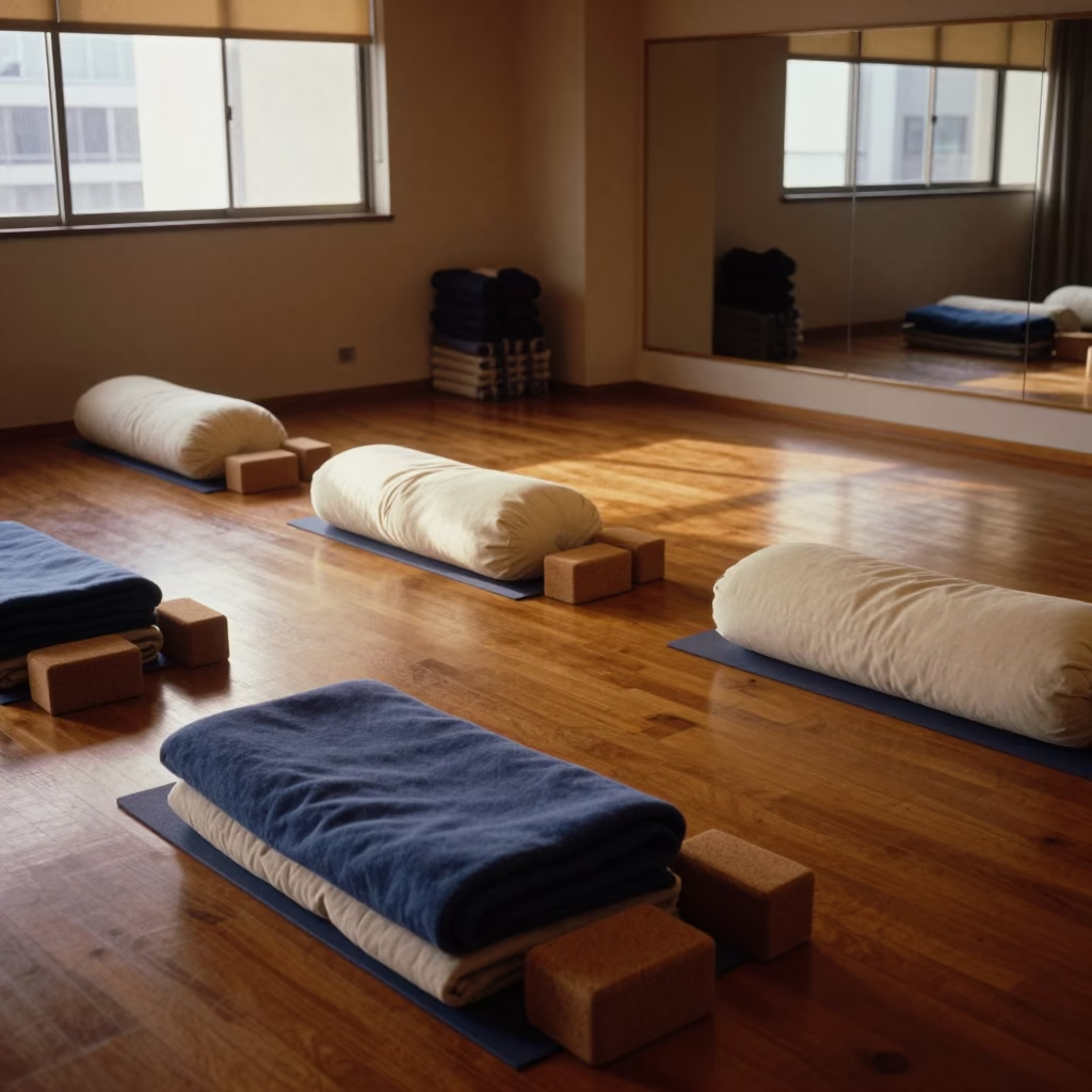 Yoga Studio Bolsters and Blocks Under Midday Sidelight in inside a mirrored studio cleared for class near Dotonbori, Osaka