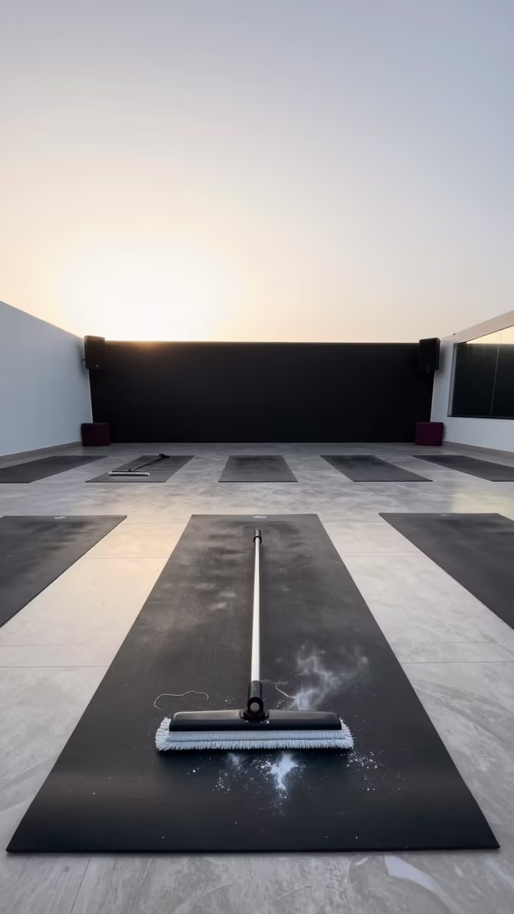 Yoga Studio Cleanup Before Sunrise in inside a yoga studio before the session begins near Ghazni