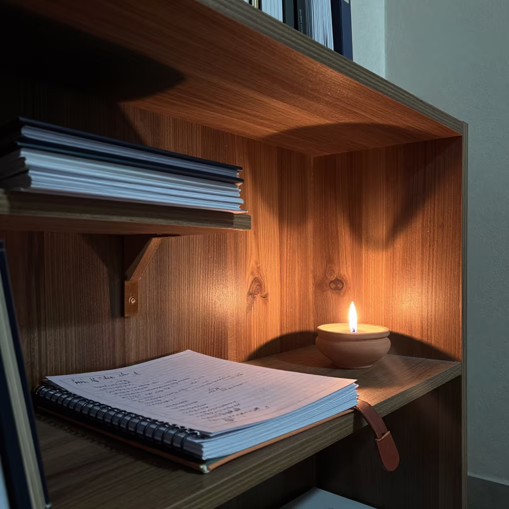 Yoga Studio Journal Shelf at Night in inside a yoga studio before the session begins in Rajkot