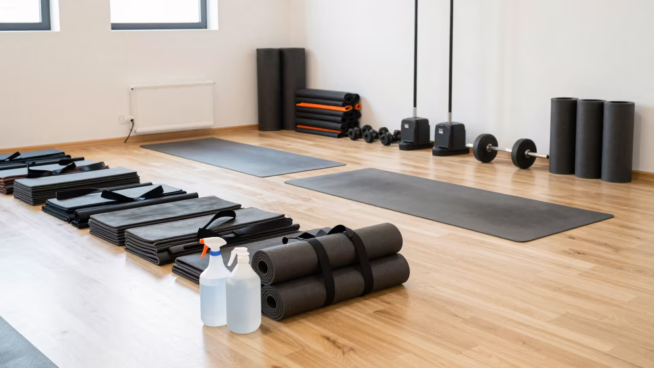 Yoga Studio Prep with Mat Spray and Equipment Stand in inside a yoga studio before the session begins in Olomouc