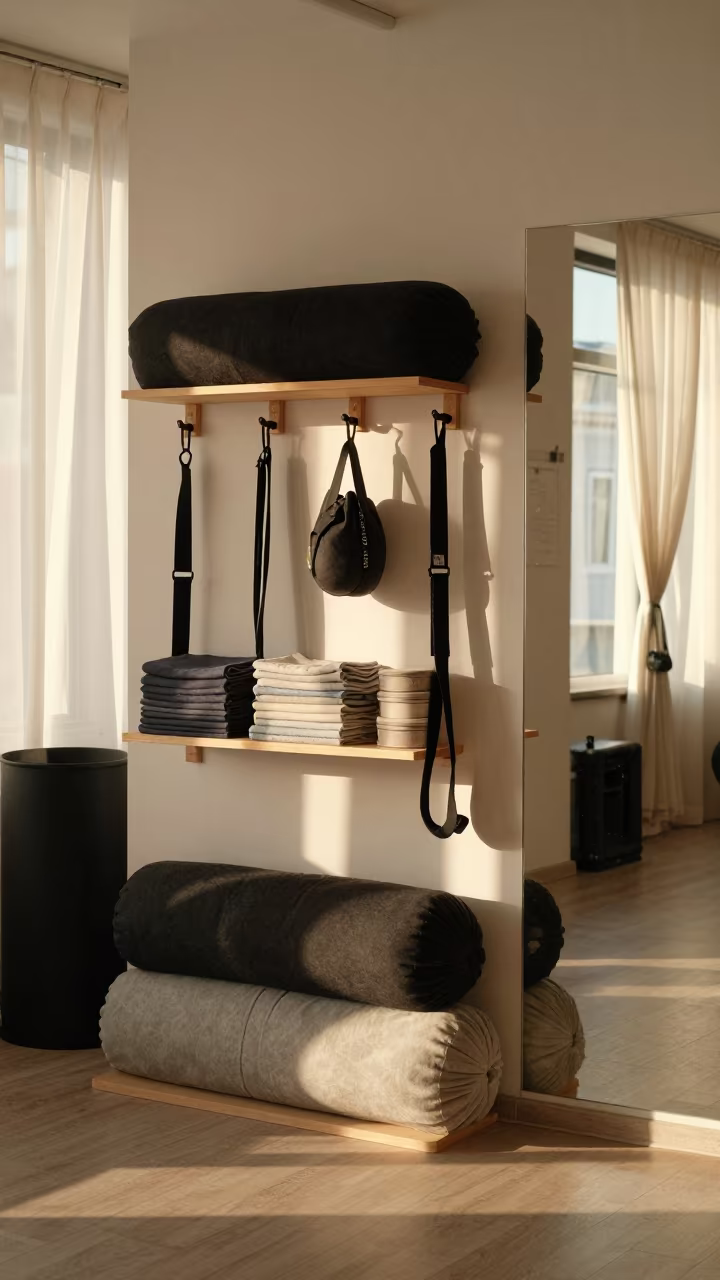 Yoga Studio Props Wall After Class Balat Istanbul in inside a mirrored studio cleared for class near Balat, Istanbul