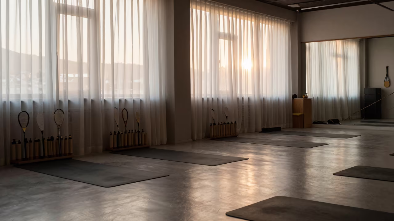 Yoga Studio Recovery Percussion Organizer at Dawn in inside a yoga studio before the session begins in Tirana
