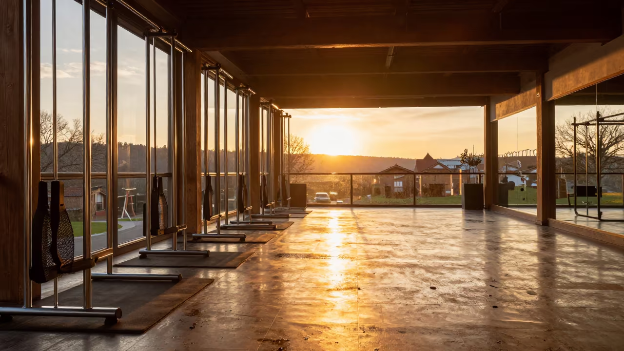 Yoga Studio Recovery Rack at Sunset in inside a yoga studio before the session begins in Sintra