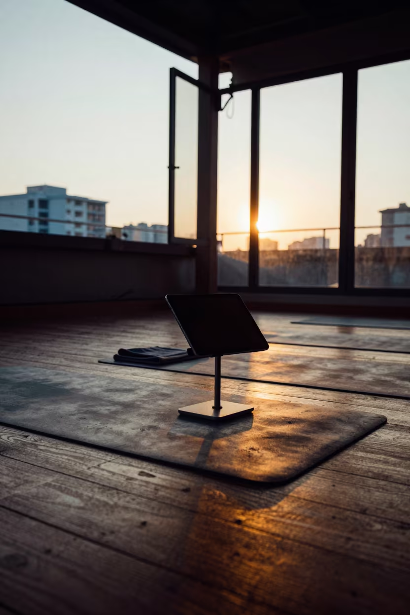 Yoga Studio Sign Up Tablet at Sunset in inside a yoga studio before the session begins near Chittagong