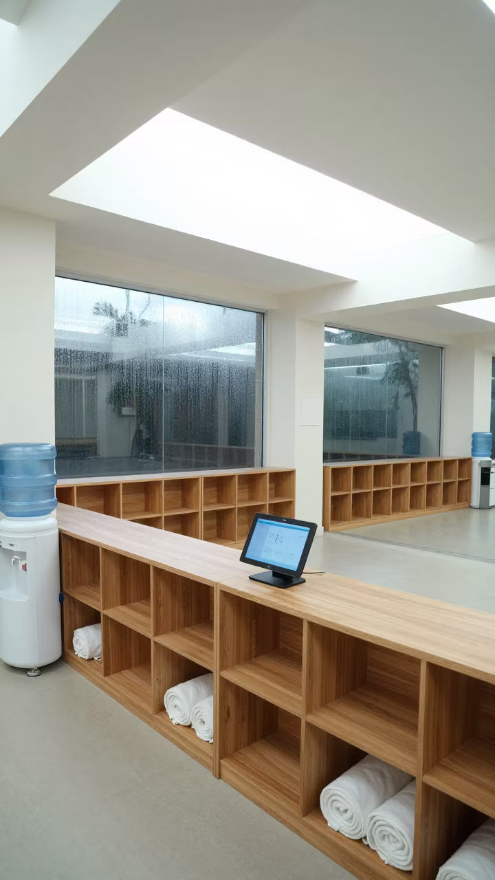 Yoga Studio Spin Room with Towels and Tablet in inside a yoga studio before the session begins in Lusaka