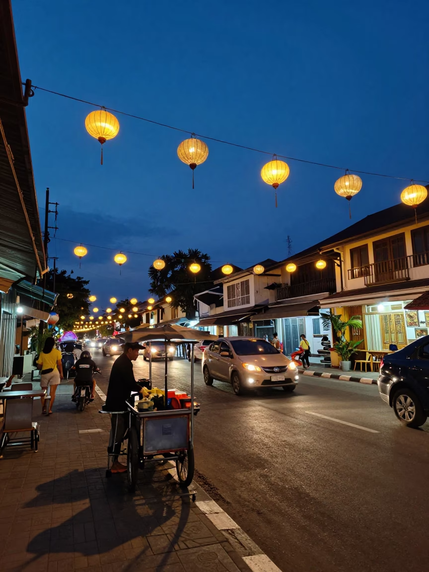 Yogyakarta Blue Hour Street Scene with Hanging Lanterns and Local Traffic in in Yogyakarta, Indonesia