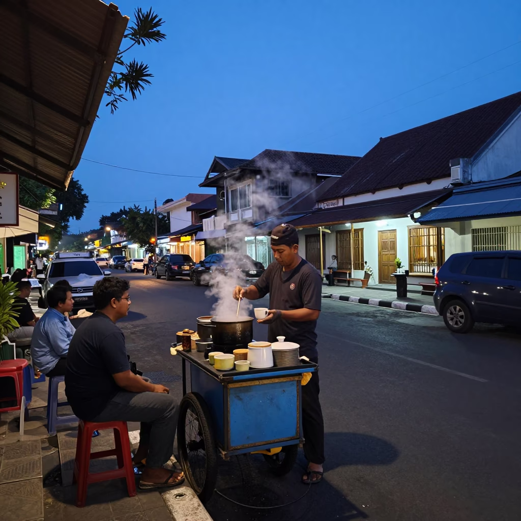 Yogyakarta Blue Hour Street Scene with Steam from Local Coffee Cup in in Yogyakarta, Indonesia