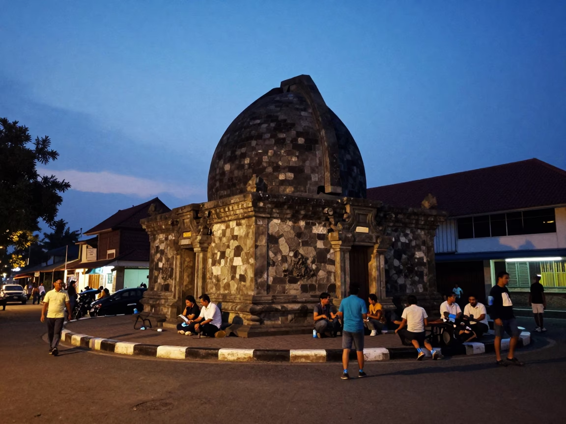 Yogyakarta Blue Hour Street Scene with Stone Observatory and Local Activity in in Yogyakarta, Indonesia