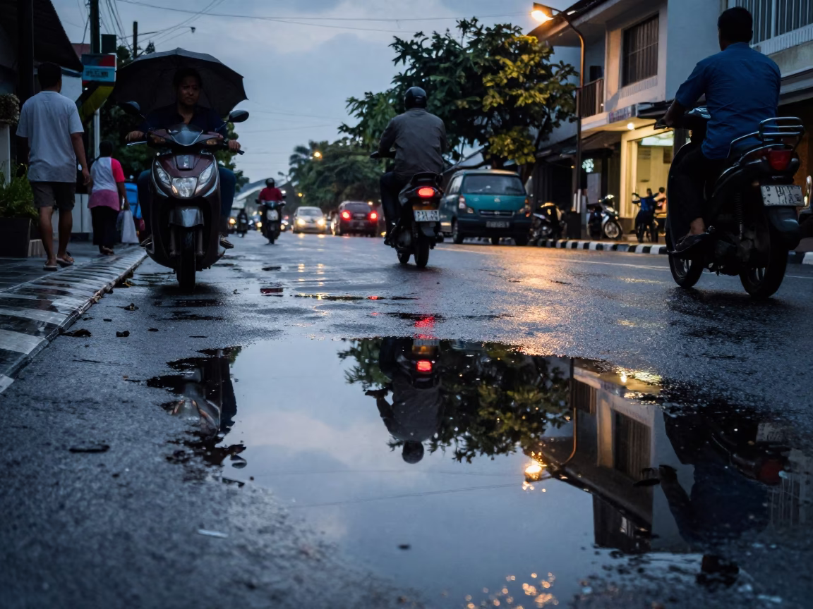 Yogyakarta Dawn Street Scene with Puddle Reflections and Commuter Activity in in Yogyakarta, Indonesia