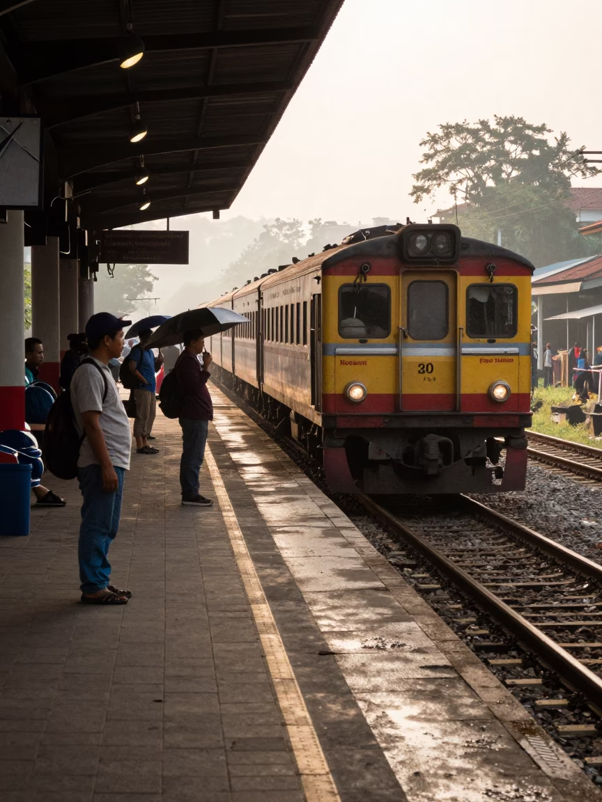 Yogyakarta Early Morning Commuter Train Platform Scene with Local Travelers in in Yogyakarta, Indonesia