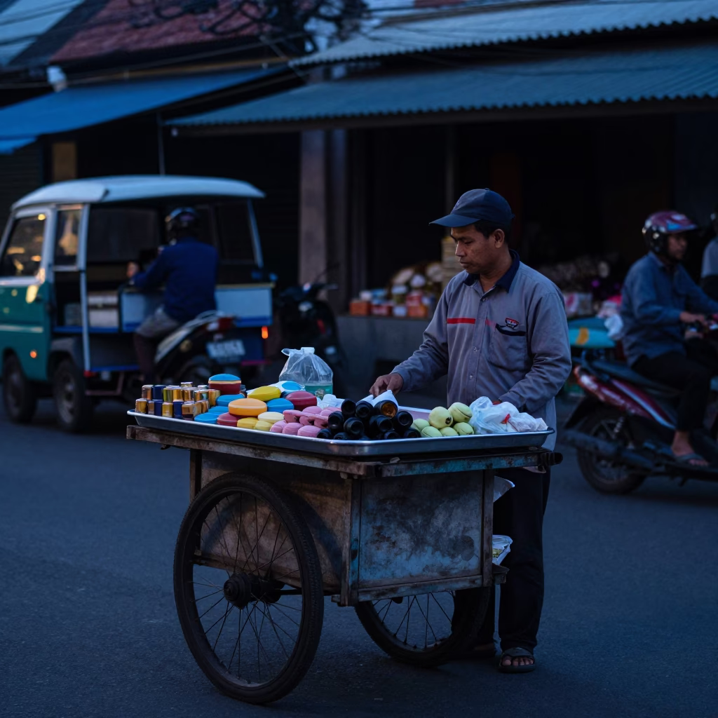 Yogyakarta Evening Street Scene with Local Vendor and Dim Sum Tray in in Yogyakarta, Indonesia