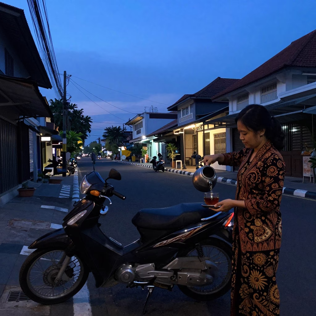 Yogyakarta indigo twilight street scene with parked motorcycle and local tea service in in Yogyakarta, Indonesia