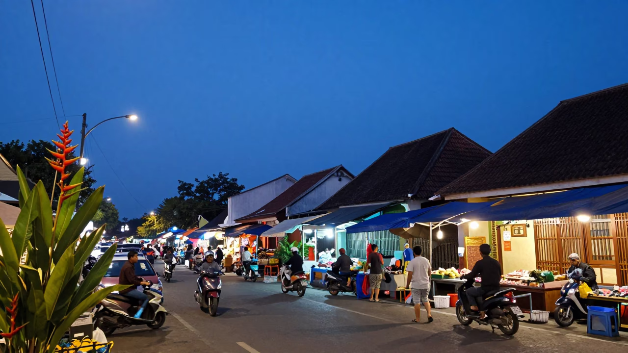 Yogyakarta Indonesia Blue Hour Street Scene with Heliconia and Local Market Activity in in Yogyakarta, Indonesia