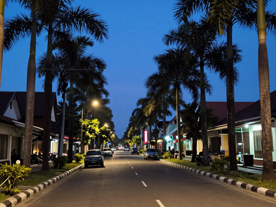 Yogyakarta Indonesia Blue Hour Street Scene with Palm Tree Avenue and Local Market Basket in in Yogyakarta, Indonesia