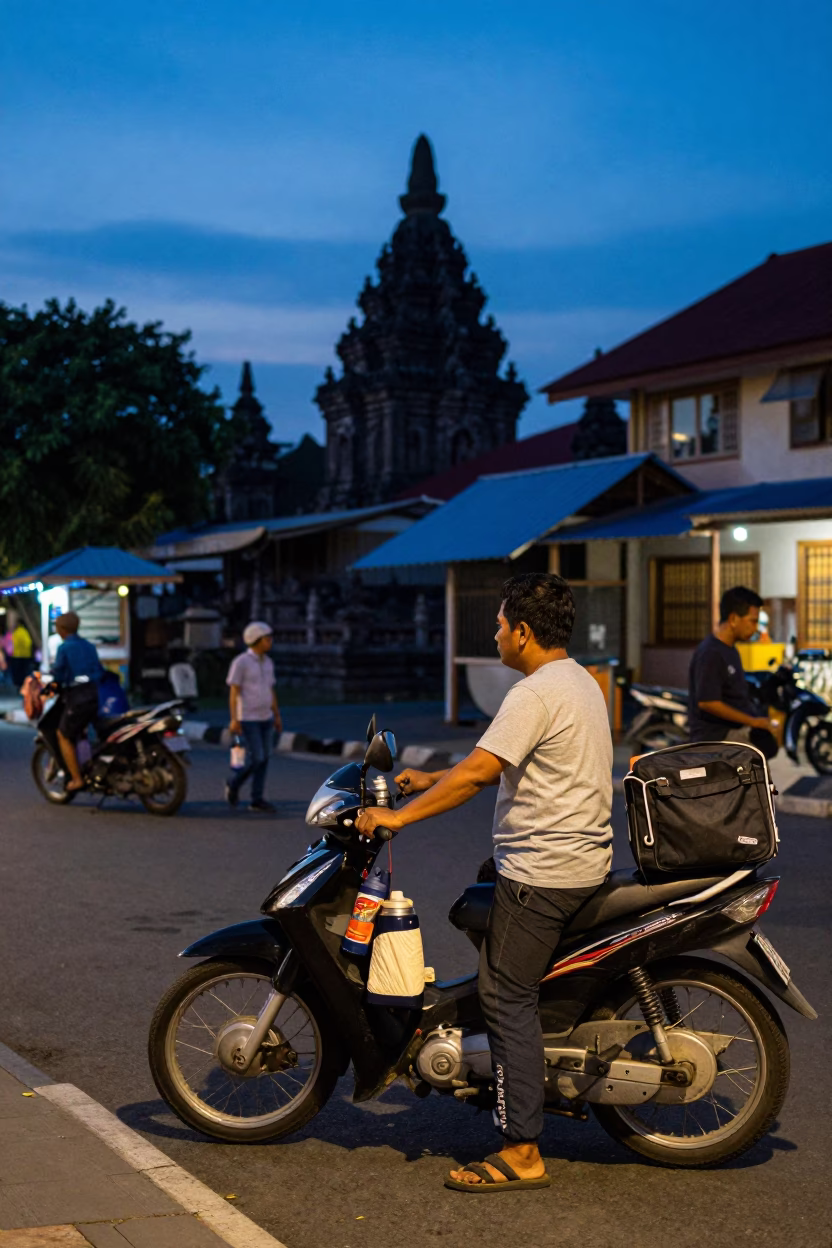 Yogyakarta Indonesia Blue Hour Street Scene with Thermos and Local Interaction in in Yogyakarta, Indonesia