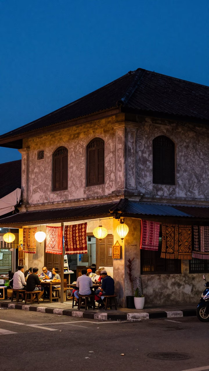 Yogyakarta Indonesia Blue Hour Street Scene with Traditional Batik Cloth and Lantern Light in in Yogyakarta, Indonesia