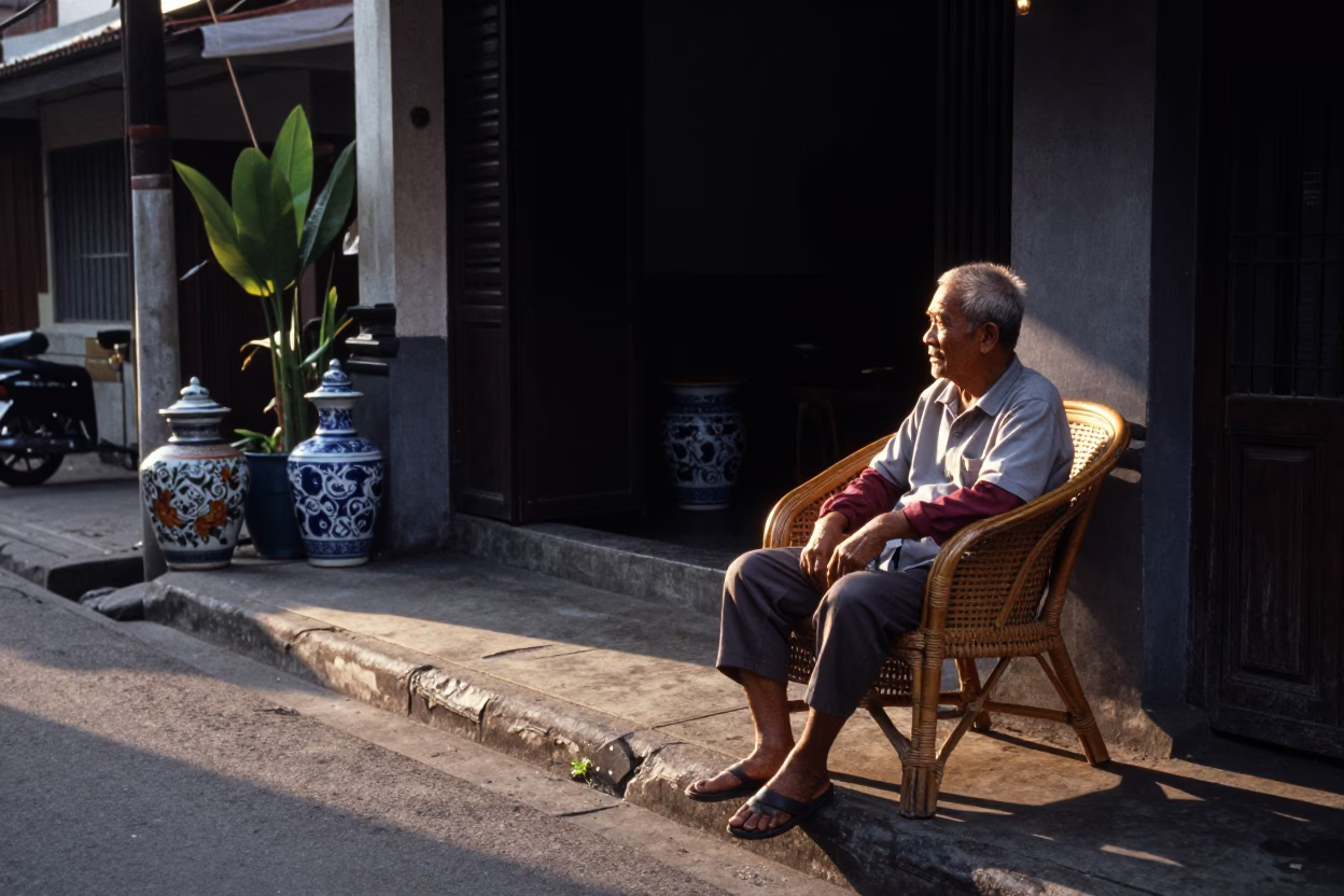 Yogyakarta Indonesia Dawn Street Scene with Rattan Chair and Ceramic Jar in in Yogyakarta, Indonesia