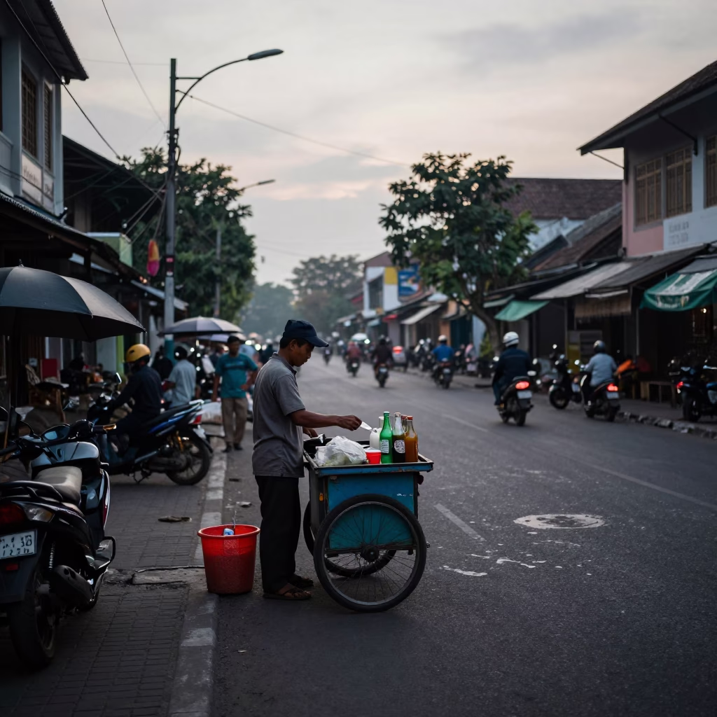 Yogyakarta Indonesia Dawn Street Scene with Tea Stains and Bottle in in Yogyakarta, Indonesia