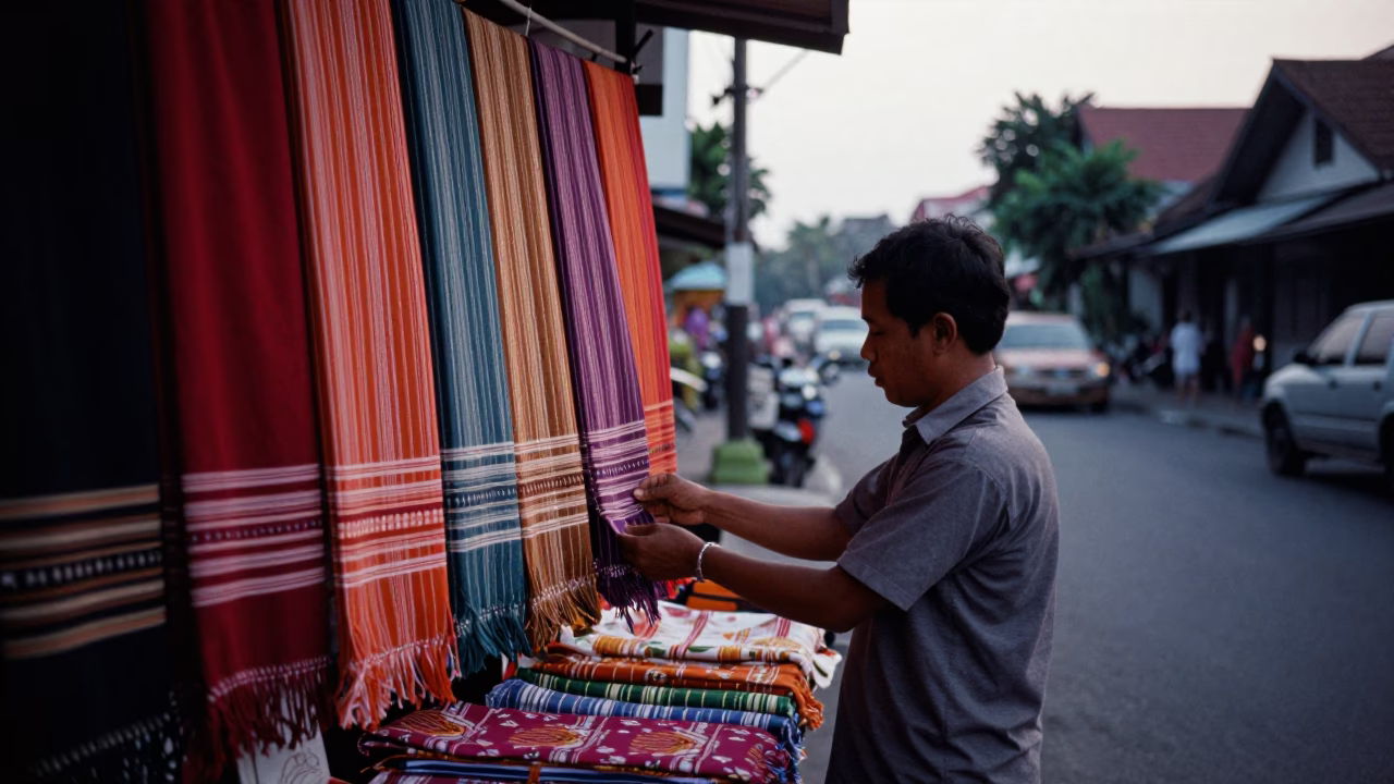 Yogyakarta Indonesia Dawn Street Scene with Traditional Batik Cloth and Temple Silhouette in in Yogyakarta, Indonesia