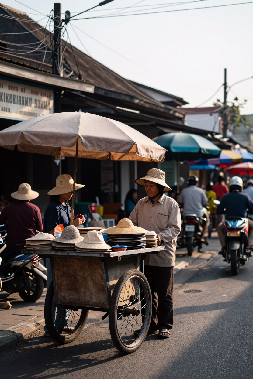 Yogyakarta Indonesia Early Afternoon Street Scene with Sun Hats and Jar in in Yogyakarta, Indonesia