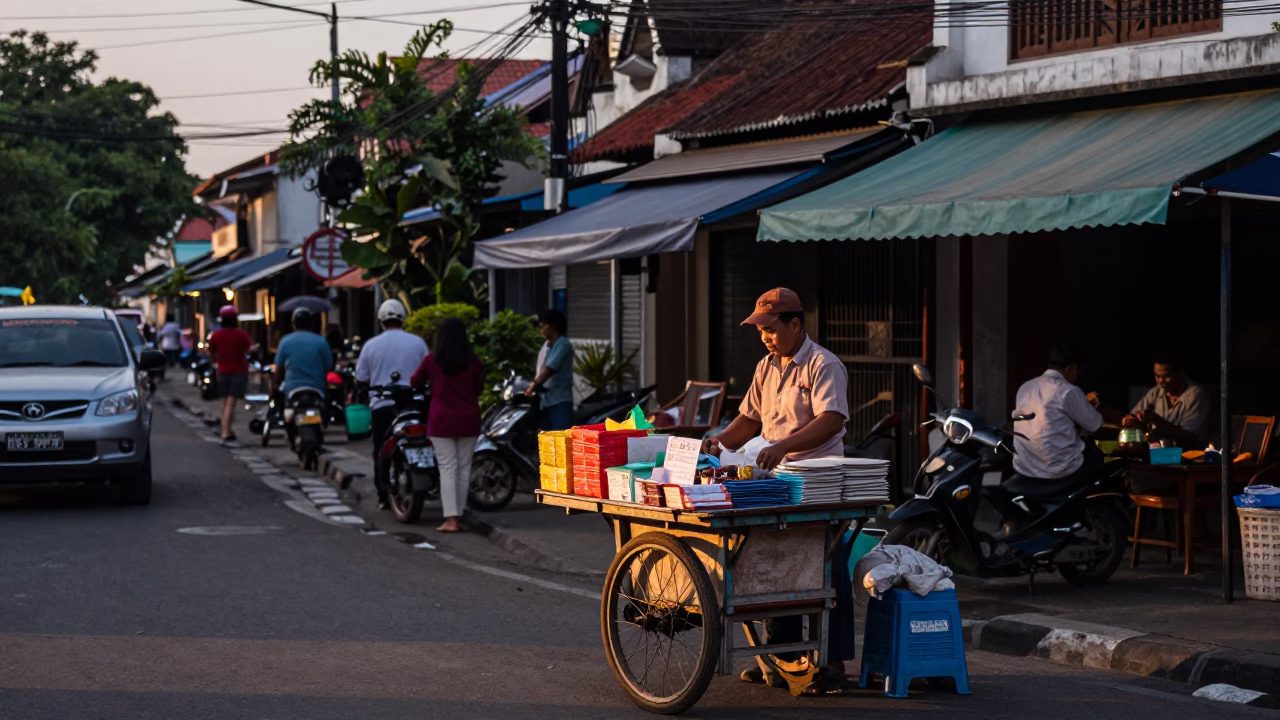 Yogyakarta Indonesia Early Evening Street Scene with Local Vendor and Traditional Architecture in in Yogyakarta, Indonesia