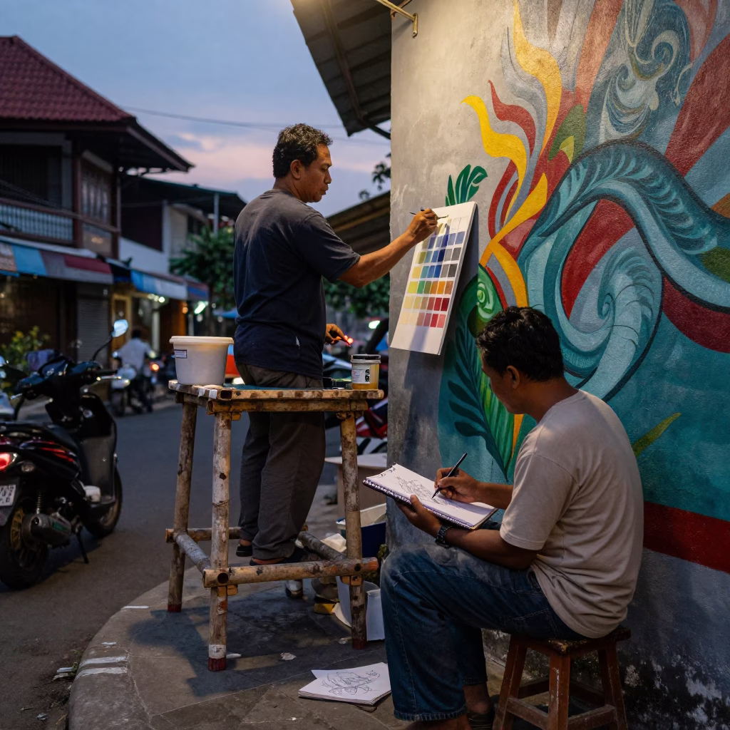 Yogyakarta Indonesia Early Evening Street Scene with Muralist Painting and Sketchbook in in Yogyakarta, Indonesia