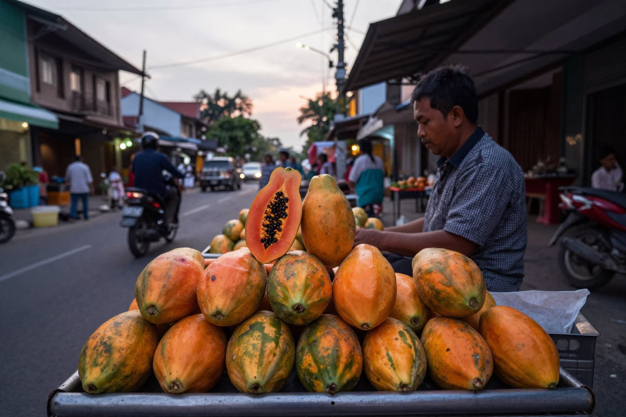 Yogyakarta Indonesia Early Evening Street Scene with Papayas and Traditional Pottery in in Yogyakarta, Indonesia