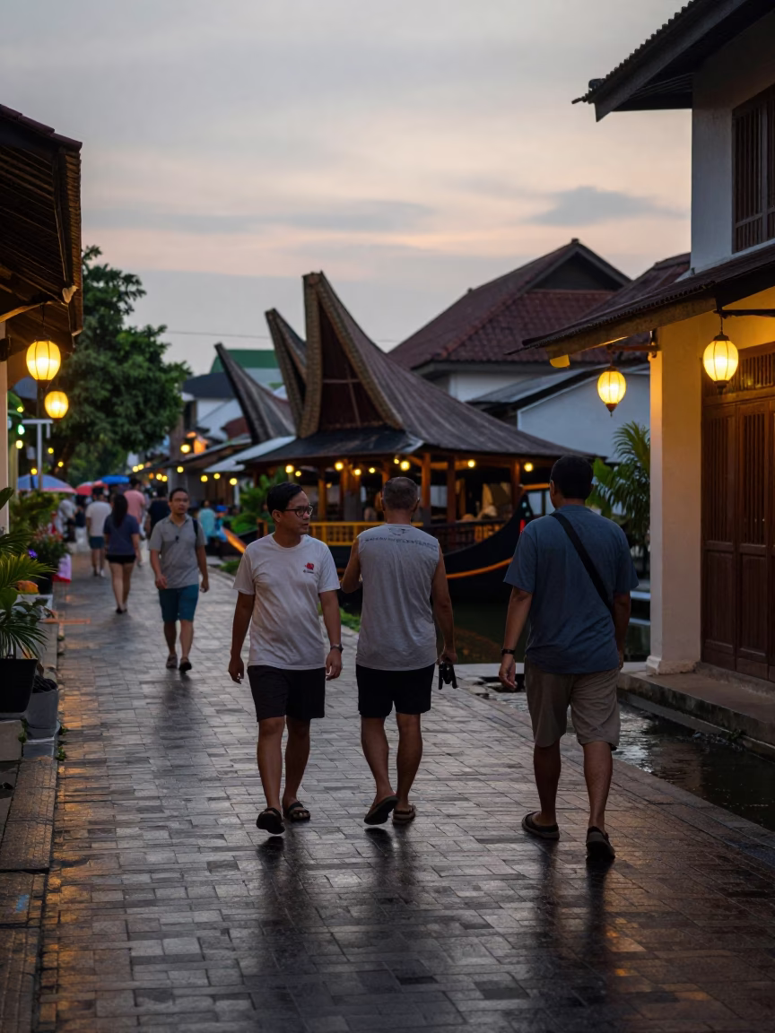 Yogyakarta Indonesia Early Evening Street Scene with Traditional Architecture and Local Life in in Yogyakarta, Indonesia