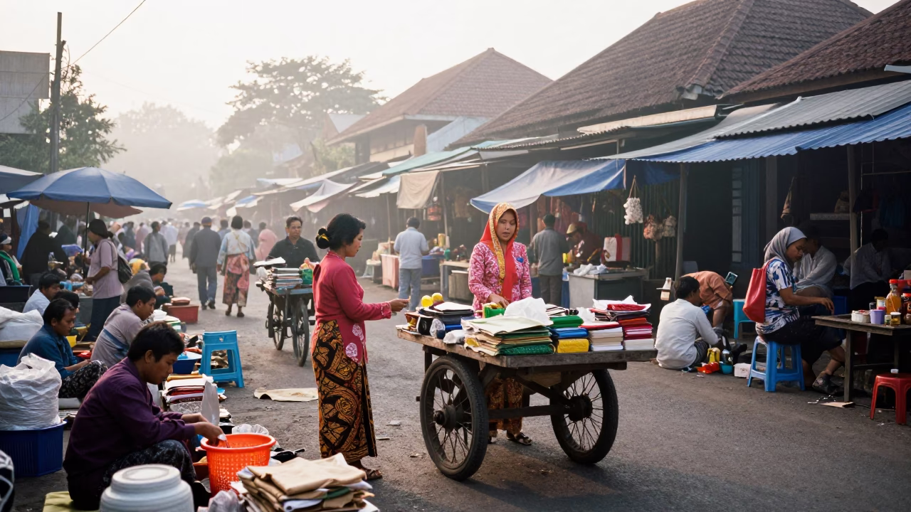 Yogyakarta Indonesia Early Morning Street Scene with Local Market Activity in in Yogyakarta, Indonesia