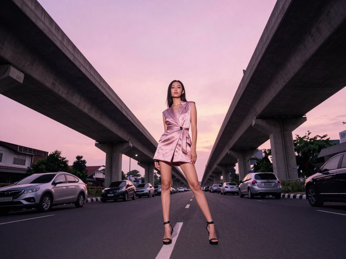 Yogyakarta Indonesia Evening Highway Flyover Pink Sky High Fashion Street Photography in in Yogyakarta, Indonesia