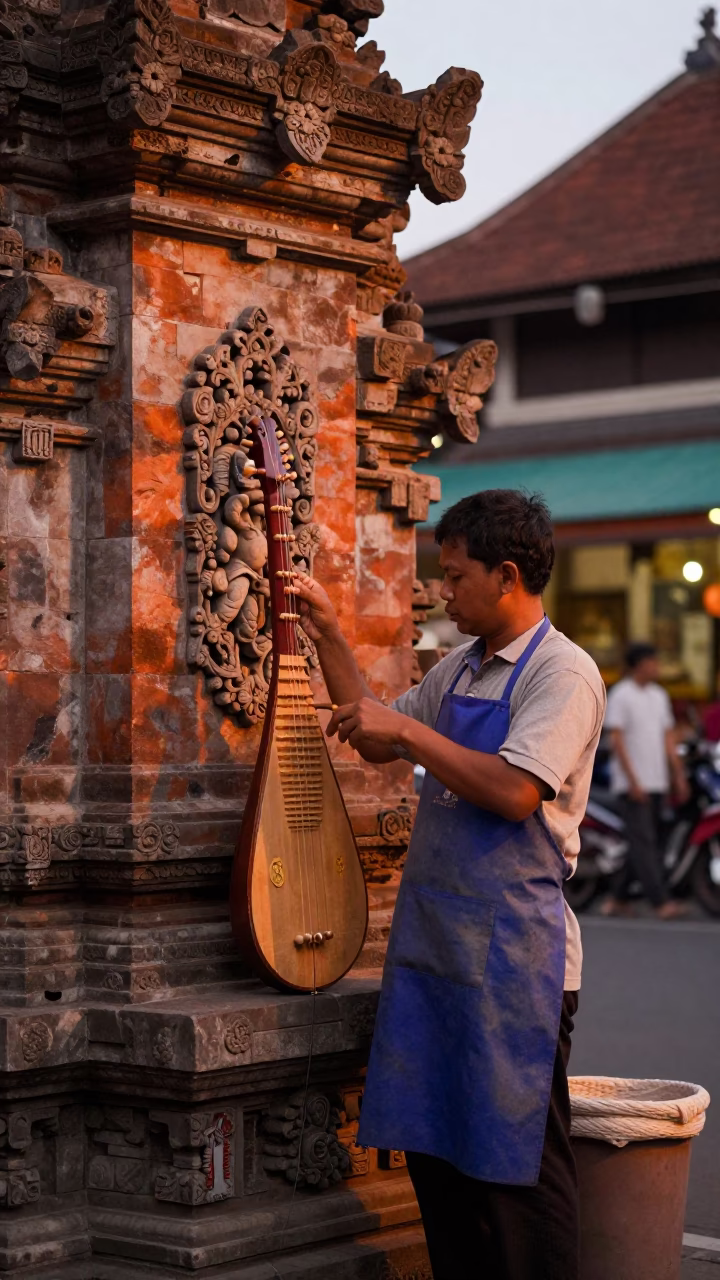 Yogyakarta Indonesia Evening Street Scene with Apron and Kalimba in in Yogyakarta, Indonesia