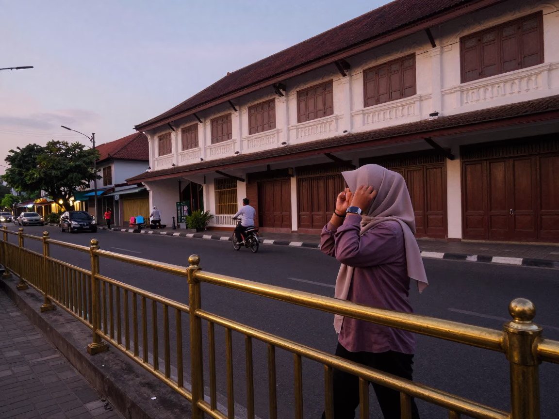 Yogyakarta Indonesia Evening Street Scene with Brass Rail and Local Life in in Yogyakarta, Indonesia
