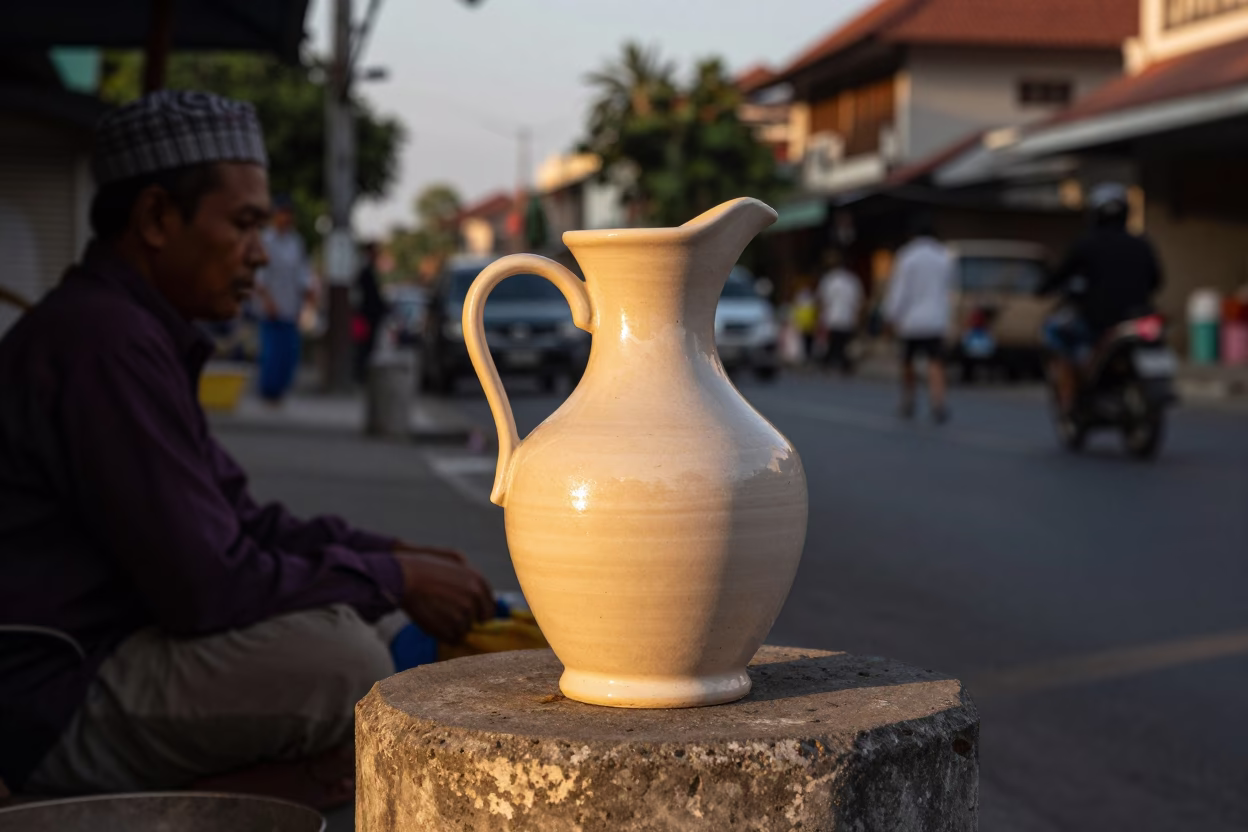 Yogyakarta Indonesia Evening Street Scene with Ceramic Pitcher and Concrete Architecture in in Yogyakarta, Indonesia