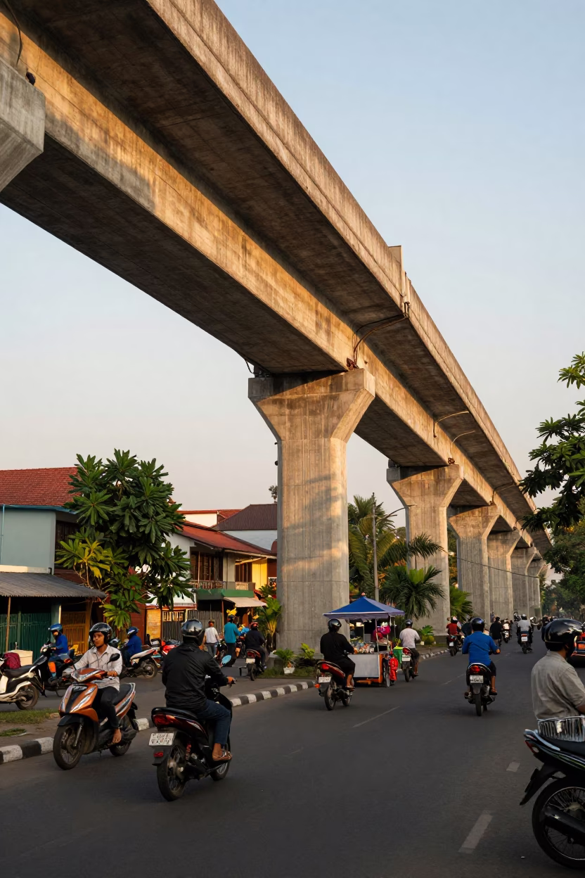 Yogyakarta Indonesia Evening Street Scene with Concrete Viaduct and Local Life in in Yogyakarta, Indonesia