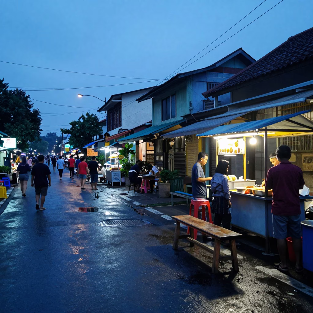 Yogyakarta Indonesia Evening Street Scene with Condensation and Local Life in in Yogyakarta, Indonesia