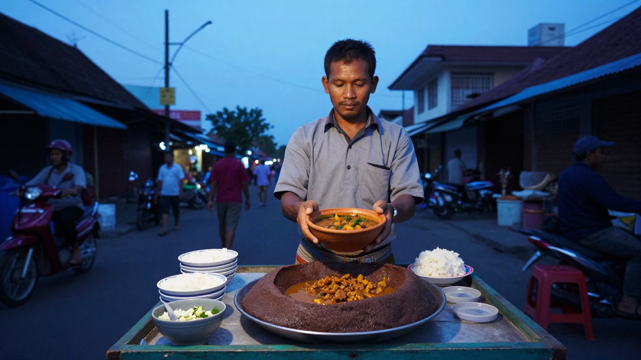 Yogyakarta Indonesia Evening Street Scene with Doro Wat and Injera Food Vendor in in Yogyakarta, Indonesia
