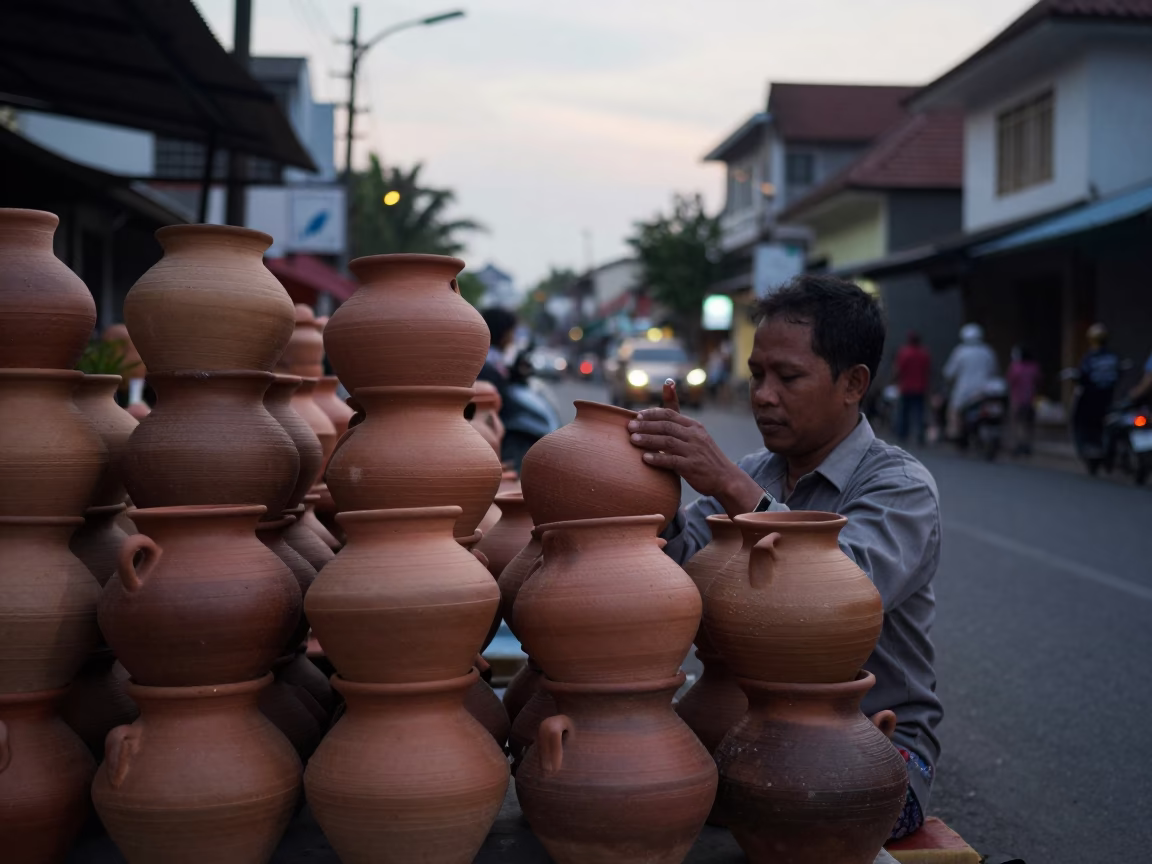 Yogyakarta Indonesia Evening Street Scene with Local Vendor and Stacked Pottery Wares in in Yogyakarta, Indonesia