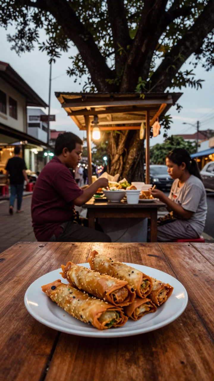 Yogyakarta Indonesia Evening Street Scene with Lumpia Plate and Banyan Grove in in Yogyakarta, Indonesia