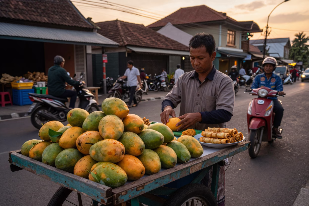 Yogyakarta Indonesia Evening Street Scene with Mangoes and Lumpia Spring Rolls in in Yogyakarta, Indonesia
